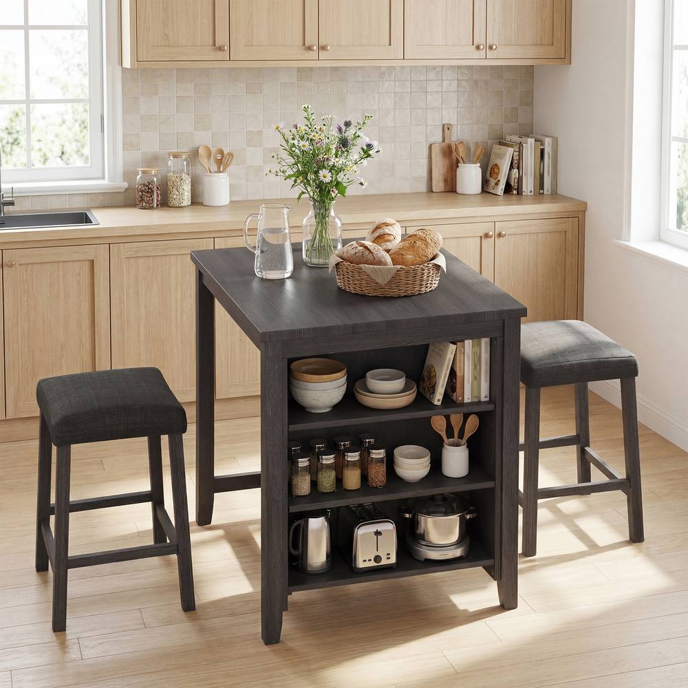 Costway 3PCS Bar Table Set Kitchen Dining Table w/ 2 Stools & Power Outlet in Black
