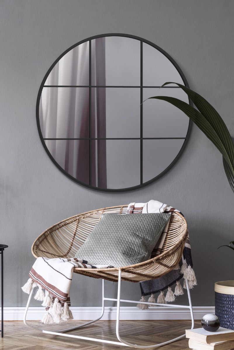 MirrorOutlet Black Metal Framed Round Window Wall Mirror 39" X 39" (100x100CM)