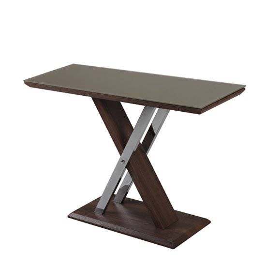 Cubic Console Table In Beige Glass Top With Walnut Base