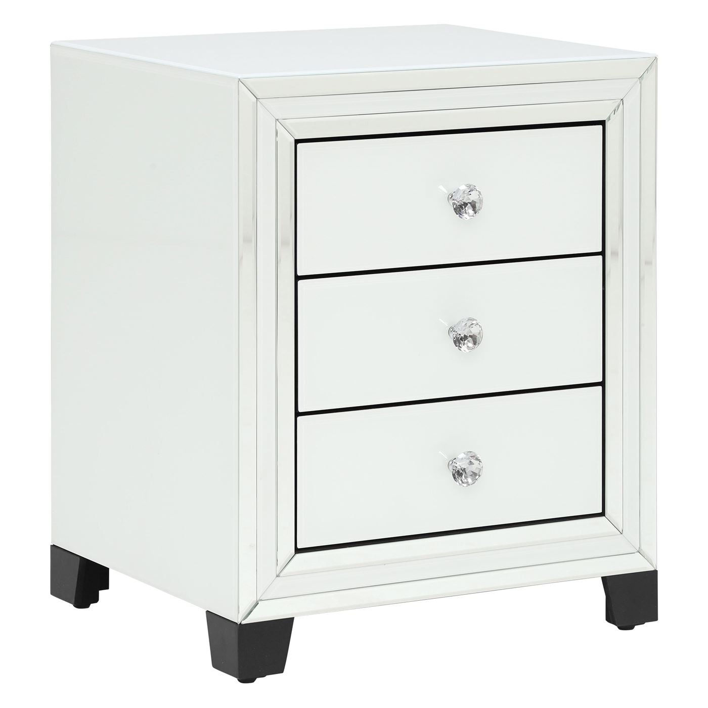 Krystal 3 Drawer Bedside Cabinet, White Glass and Mirror