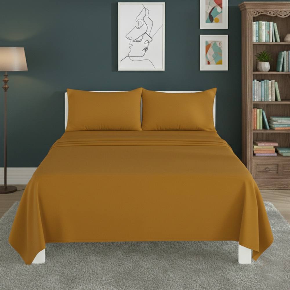 Snug City Easy Care Flat Bed Sheet Polycotton Durable Low Maintenance Bedding in Mustard
