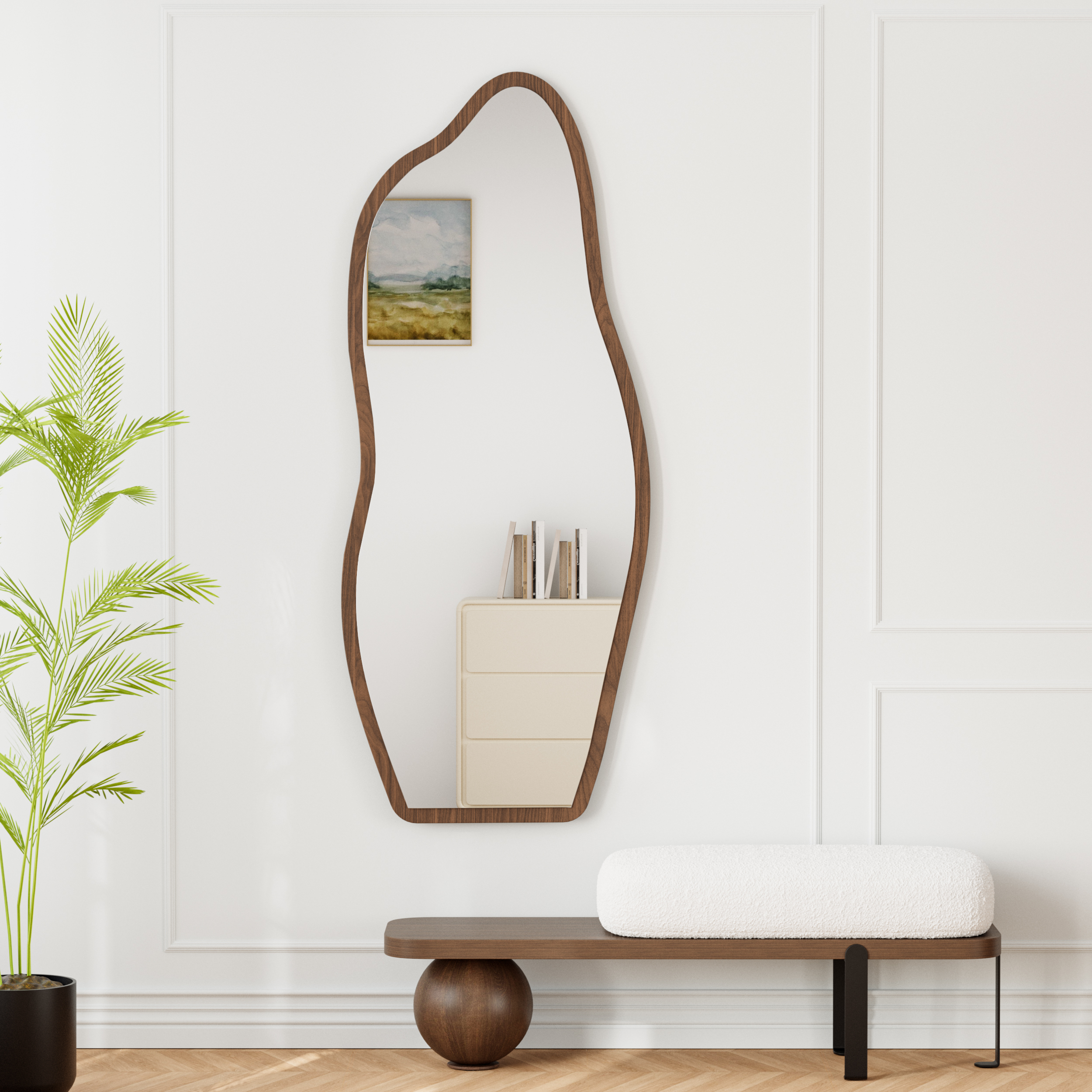 Freestanding Mirror with Wooden Frame in Dark Brown, Organic Shape, 160 cm High, Modern Style ???????? British English