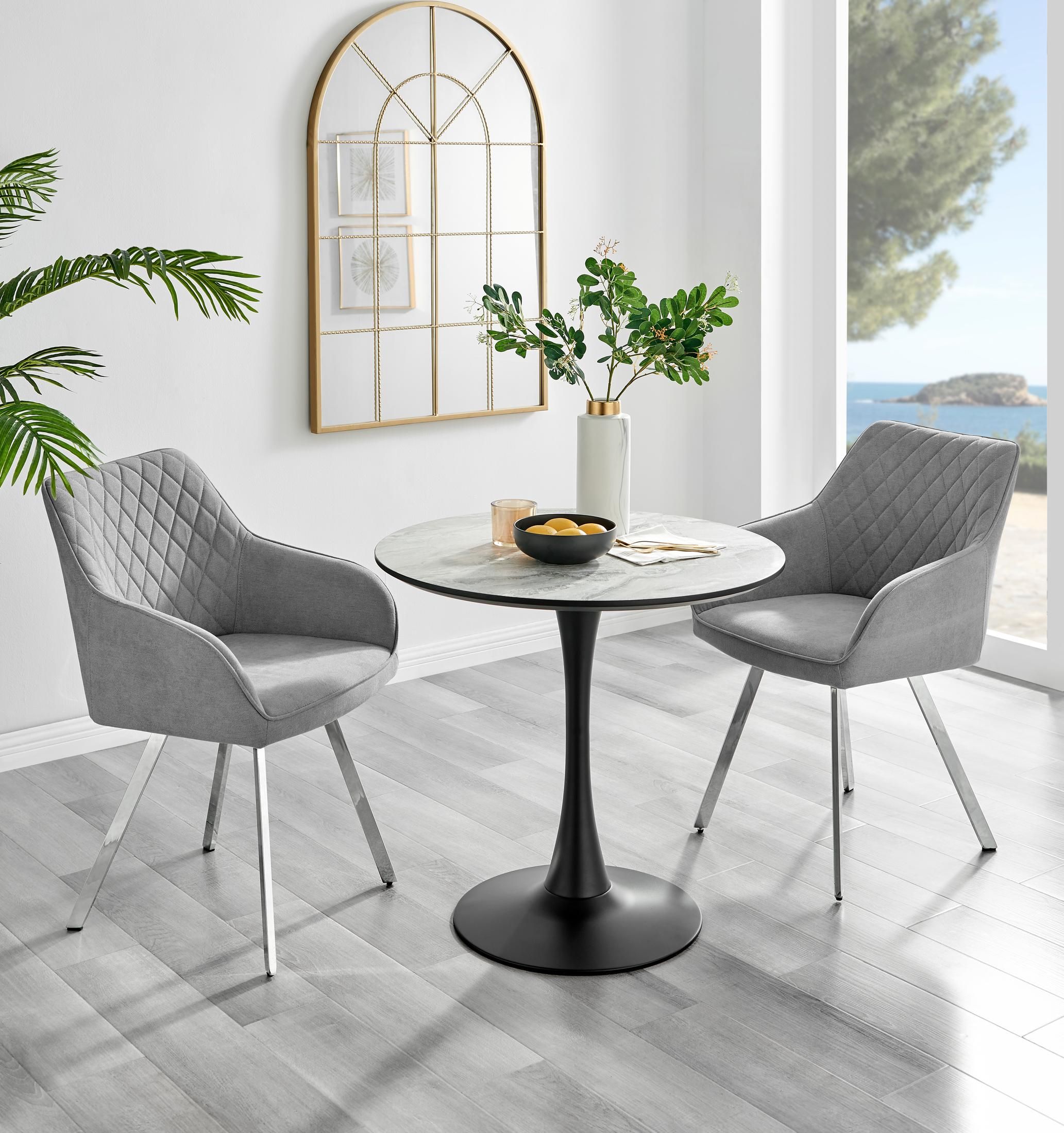 FurnitureboxUK Elina White Marble Effect Scratch Resistant Dining Table & 2 Falun Silver Leg Fabric Chairs in Light Grey