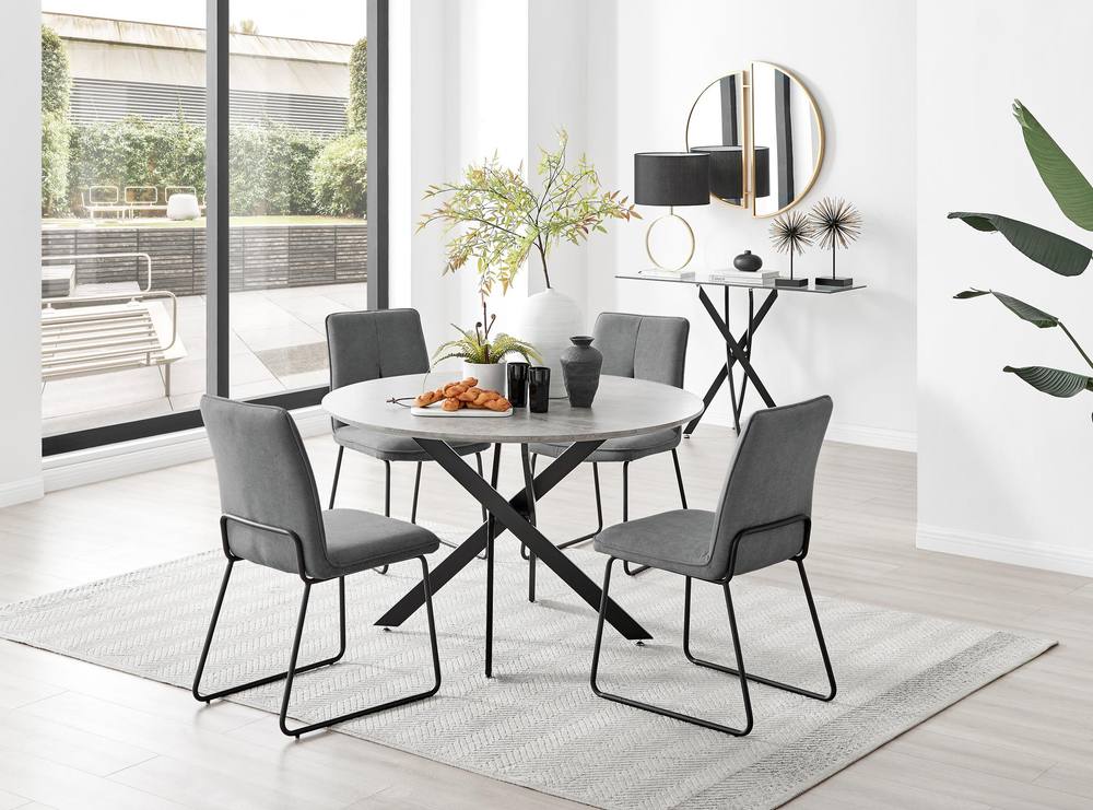 FurnitureboxUK Novara Grey Concrete Effect Black Leg 120cm Round Dining Table & 4 Halley Chairs in Dark Grey