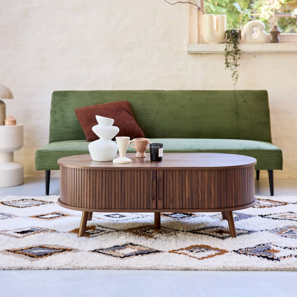 sweeek Coffee Table With Sliding Doors & Grooved Wooden-effect Compartments in Dark Brown