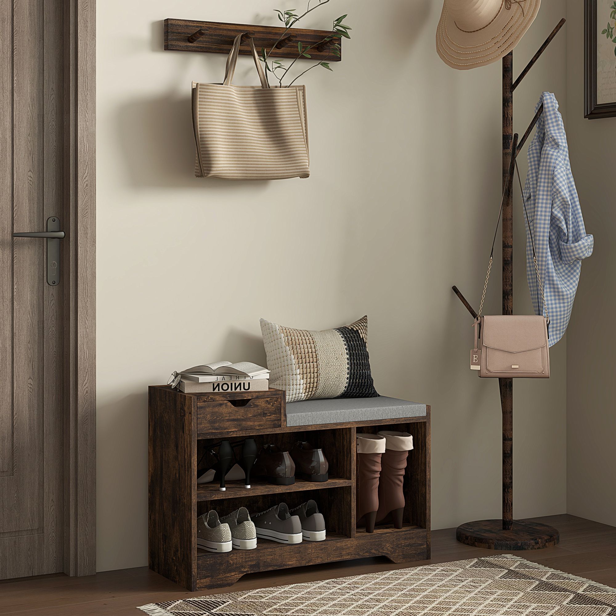 HOMCOM Upholstered Entryway Shoe Bench with Storage Drawer Open Shelf in Brown