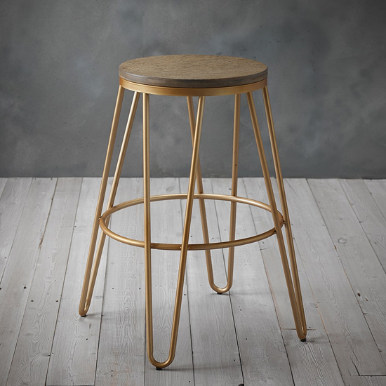 Ikon Gold Effect Hairpin Leg Bar Stool With Wooden Seat