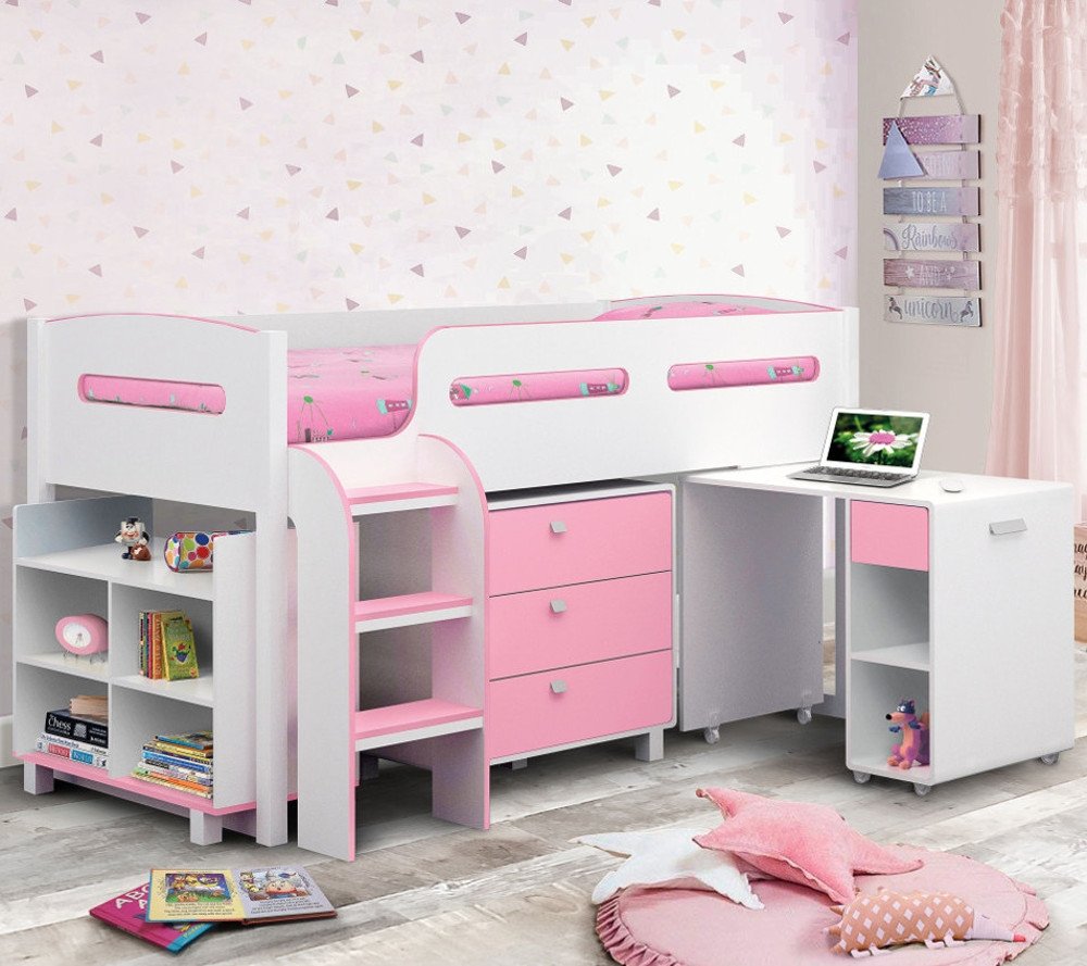 Wooden Kids Mid Sleeper Sleep Station Desk  Cabin Storage Bed Frame 3ft Single Kimbo Pink and White