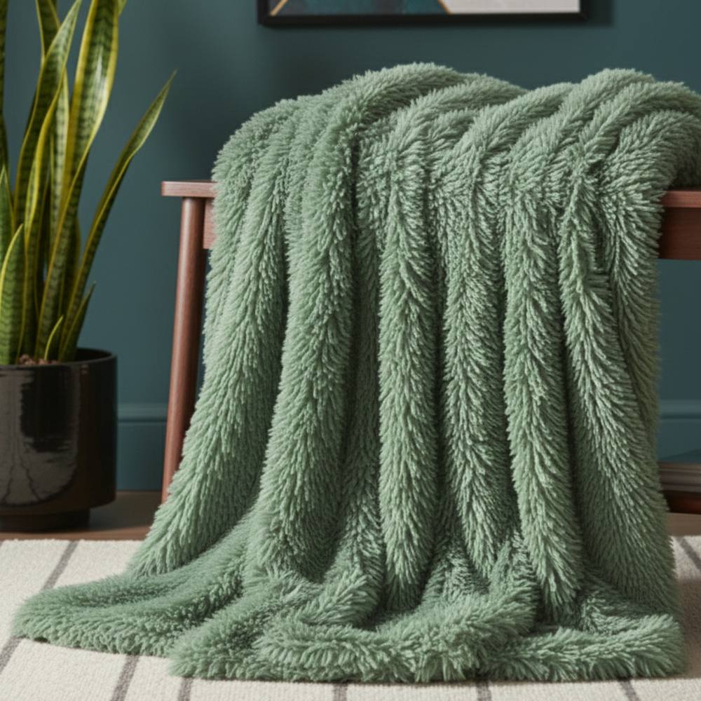 Snug City Cuddly Extra Fluffy Throw Ultra Soft Plush Blanket Sofa Bed Home Decor in Green