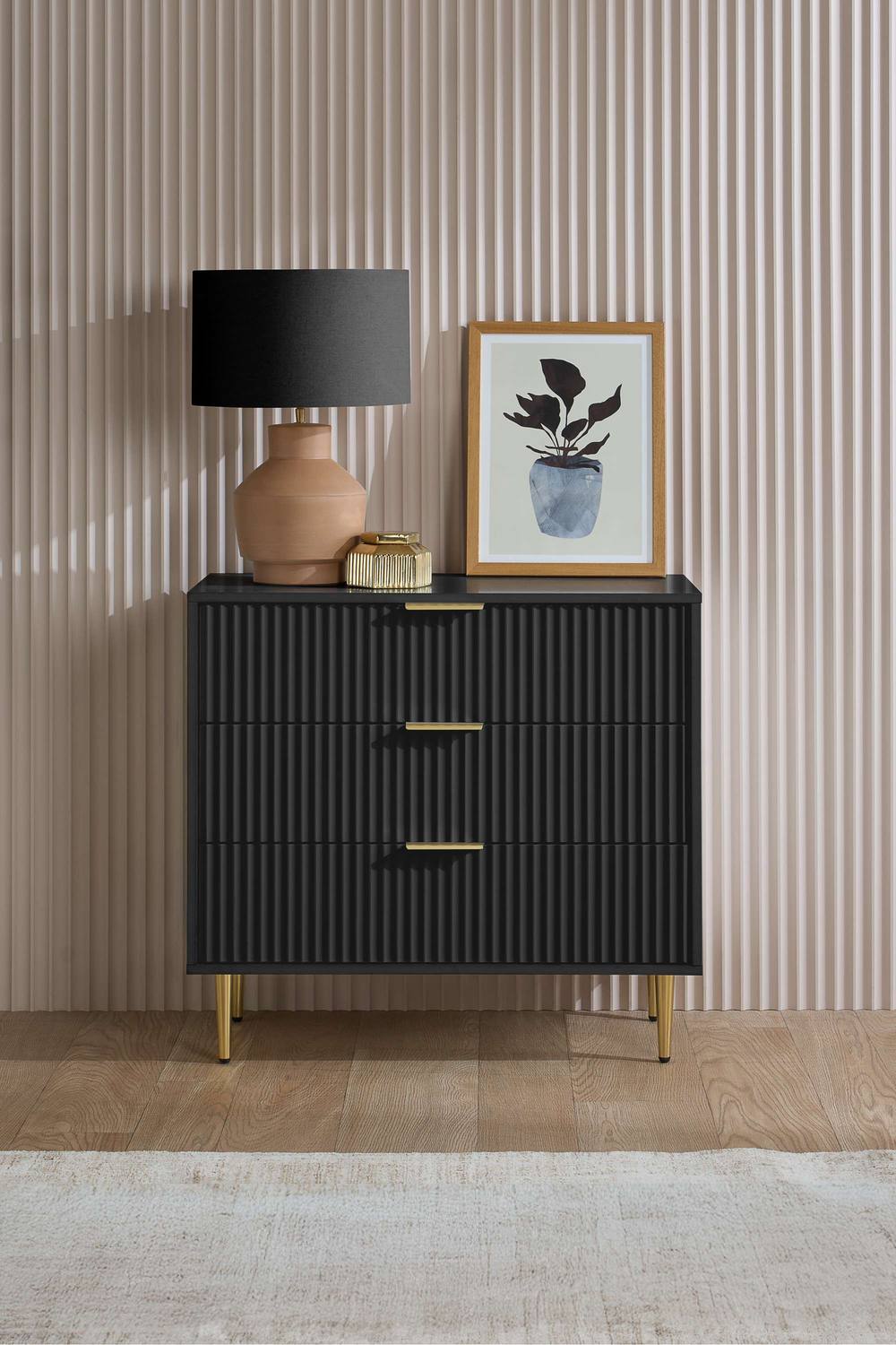Birlea Zaza Black 3 Drawer Chest Fluted Bedroom Storage
