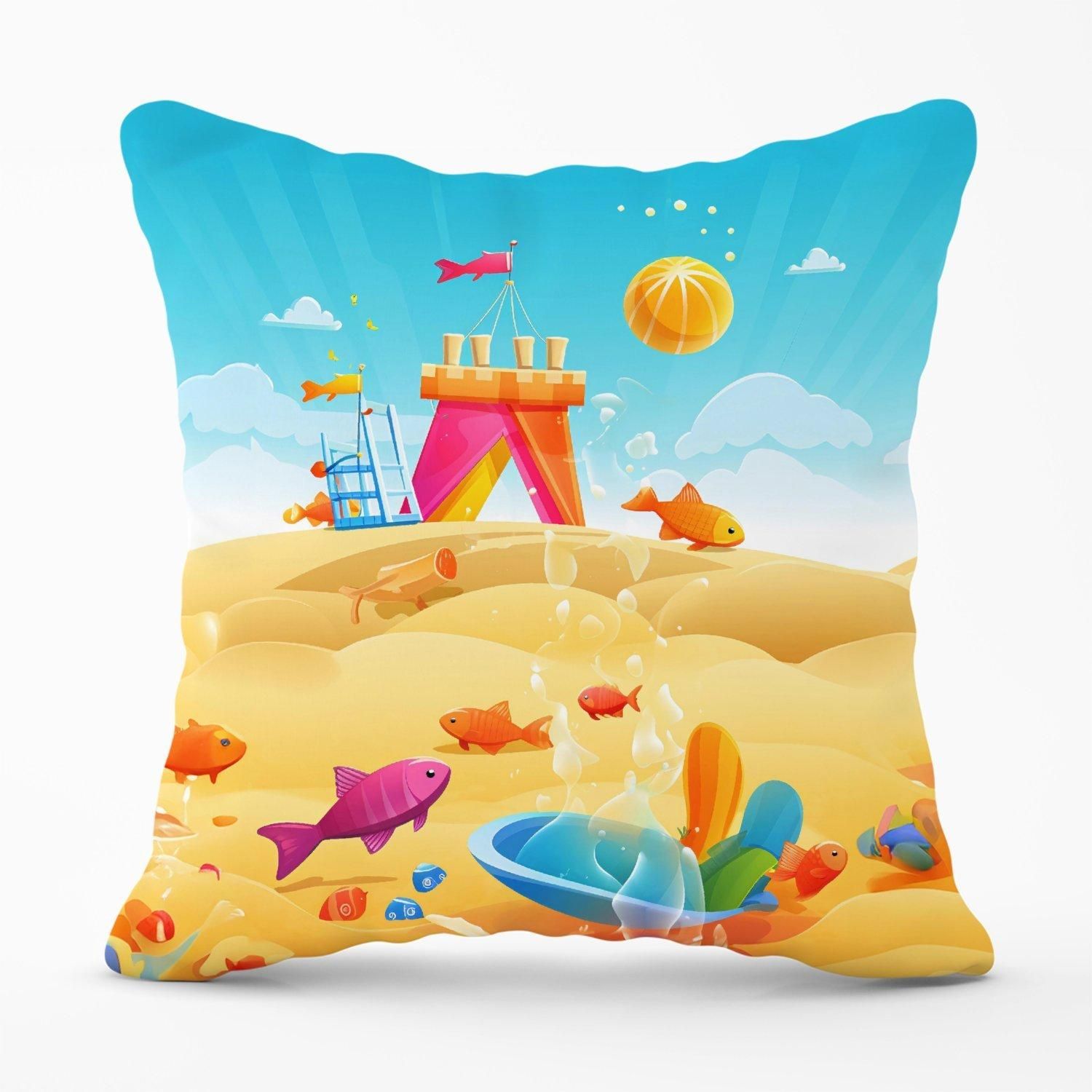 Warren Reed - Designer Fishes On A Beach Holiday Outdoor Cushion in Yellow