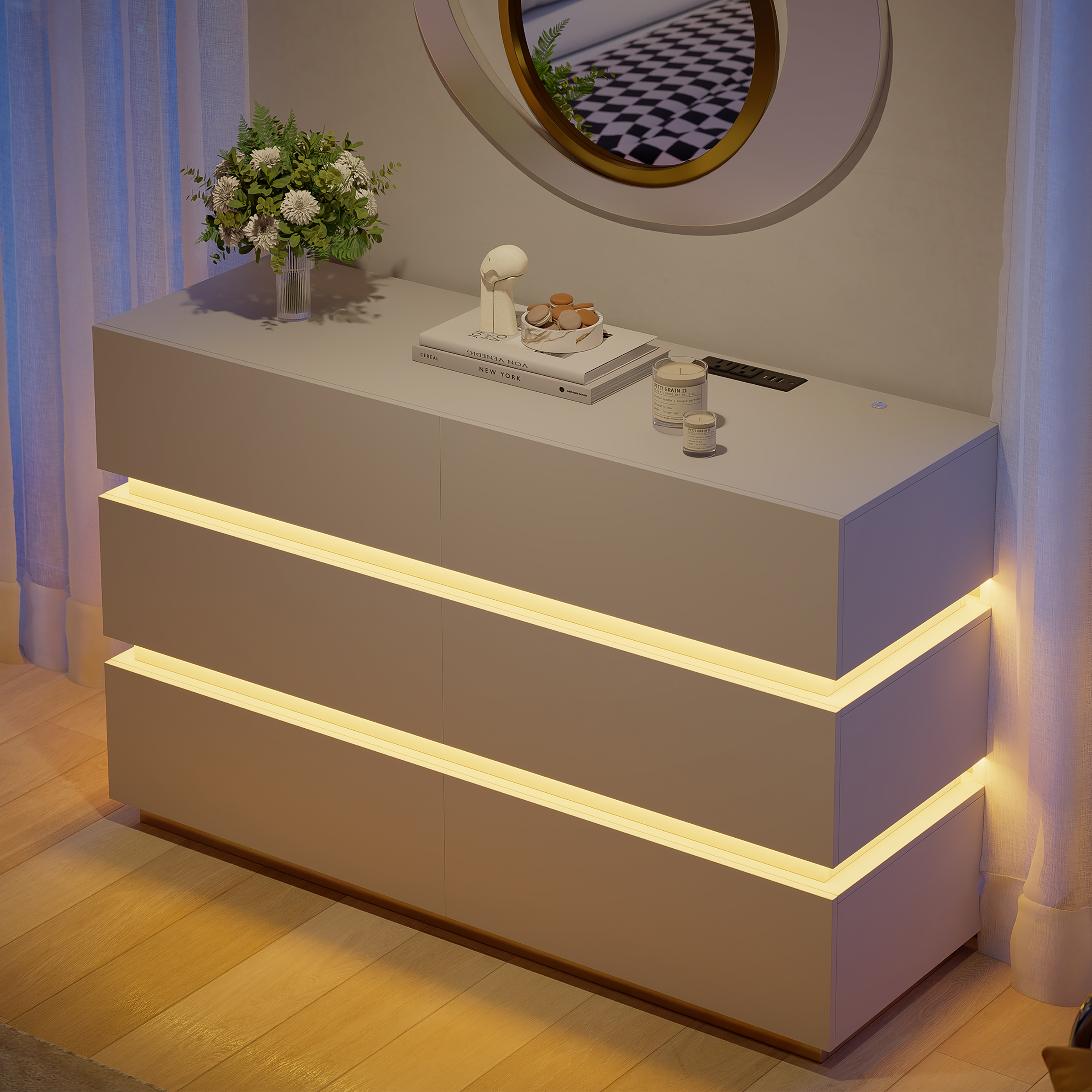 120 cm Modern White 6 Drawer LED Chest of Drawers Bedroom Storage Cabinet
