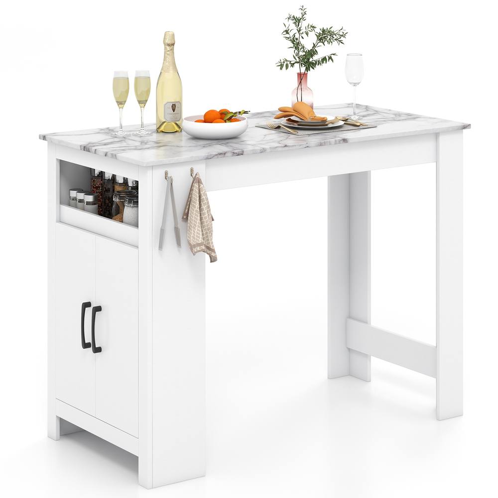Costway Faux Marble Bar Table Pub Table w/Hooks & Cabinet Kitchen Dining Table in White