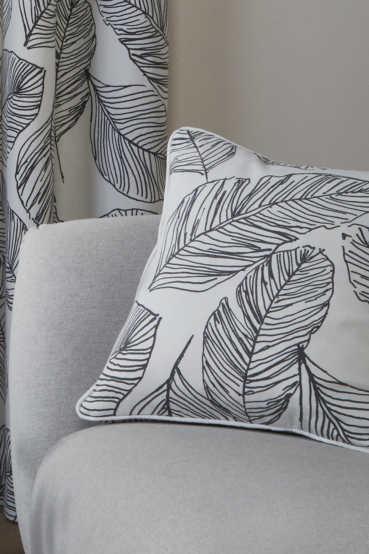 Fusion 'Matteo' Hand Drawn Leaf Print Filled Cushion 100% Cotton in Black