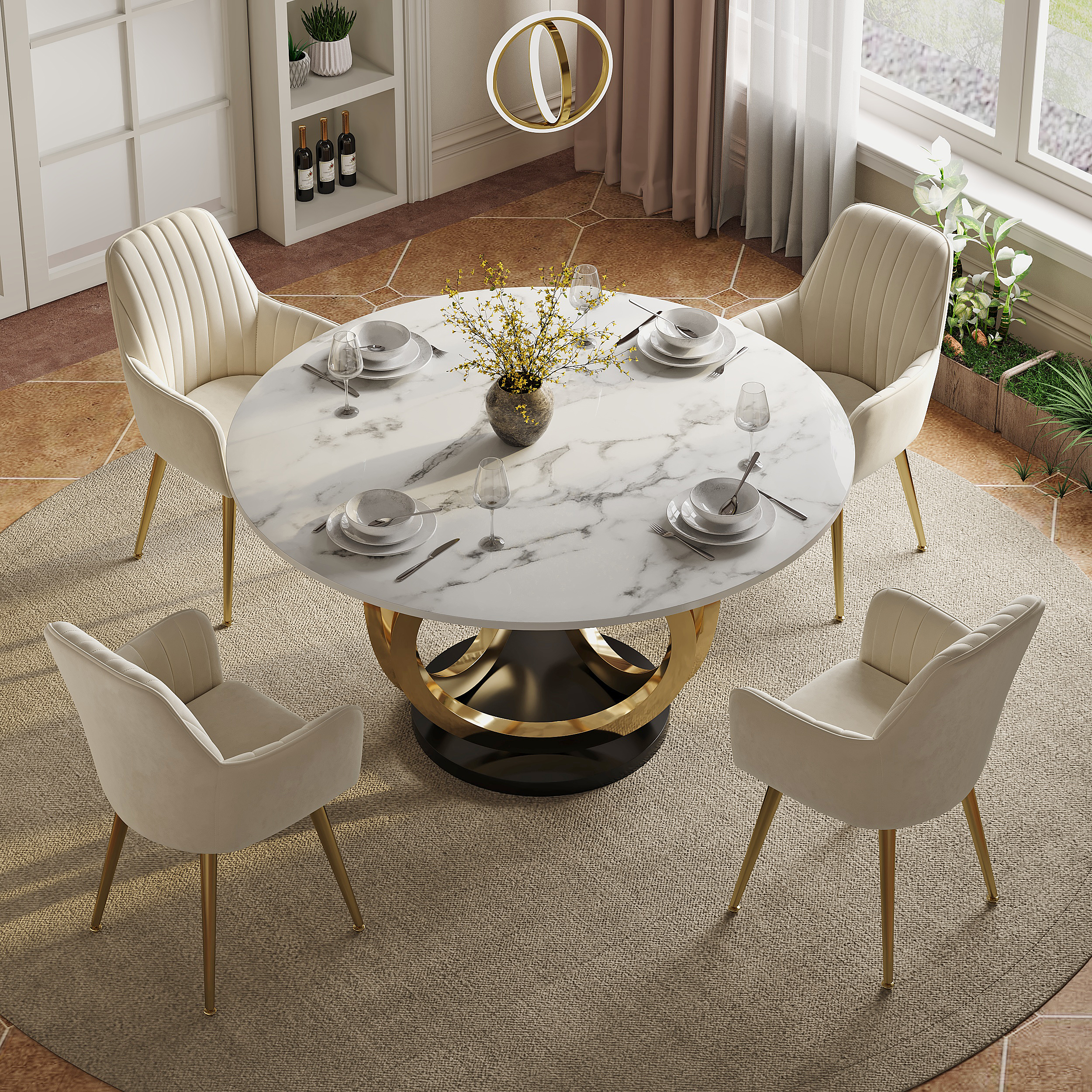 Dining Set 1350mm Modern Style Round Sintered Stone Dining Table with 4 Chairs
