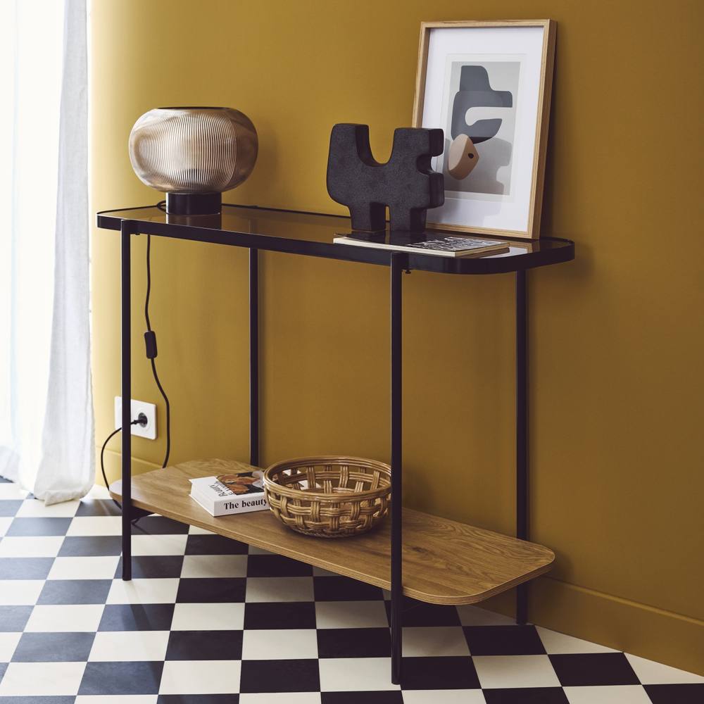 sweeek 110cm Vintage Console With Black Metal & Wood Effcet in Light Brown
