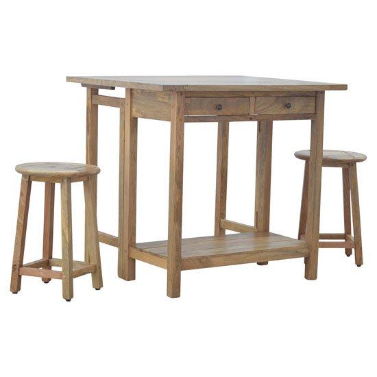 Tufa Wooden Bar Table Set In Natural Oak Ish With 2 Stools