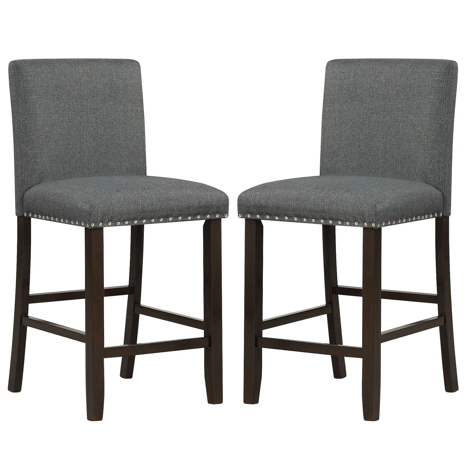 Costway Set of 2 Bar Stools Upholstered Bar Chairs Pub Stool Chair Kitchen Dining Chair in Grey
