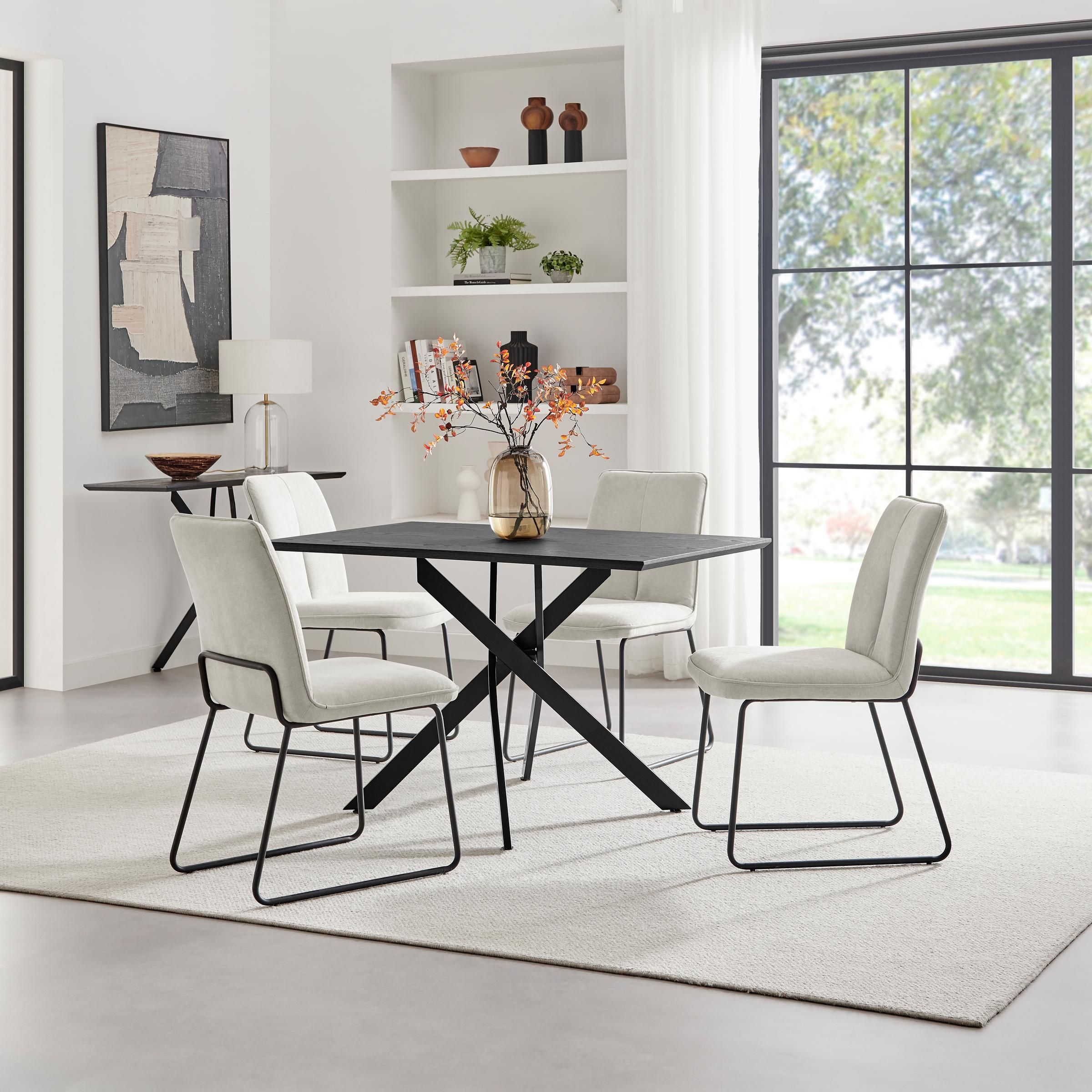 FurnitureboxUK Leonardo Black Top Dining Table & 4 Halley Dark Grey Fabric Chairs in Cream