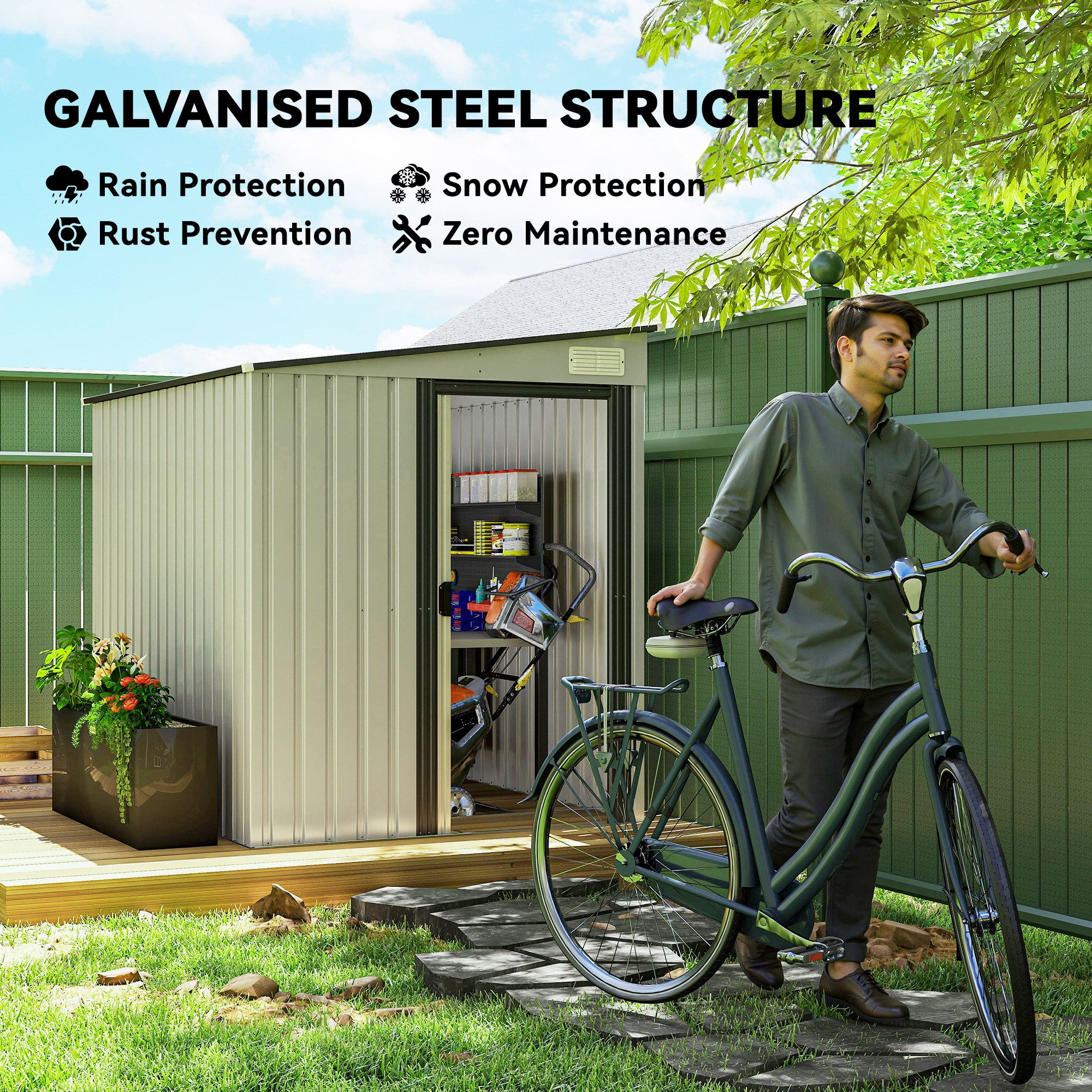 OUTSUNNY 7 x 5FT Garden Shed w/ Foundation Lean to Metal Tool Shed in White 4