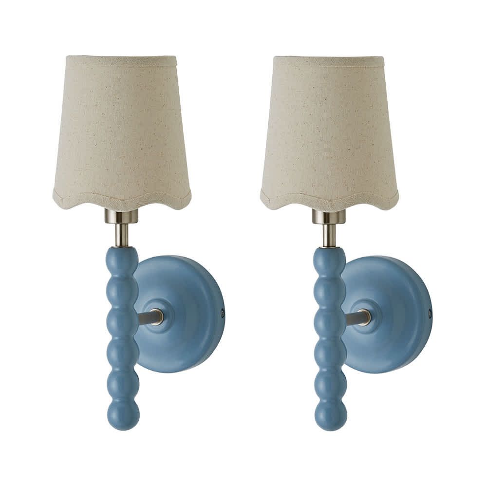 ValueLights Bobbins Pair Pastel Wall Lights & Natural Lamp Shades & Bulbs in Pale Blue