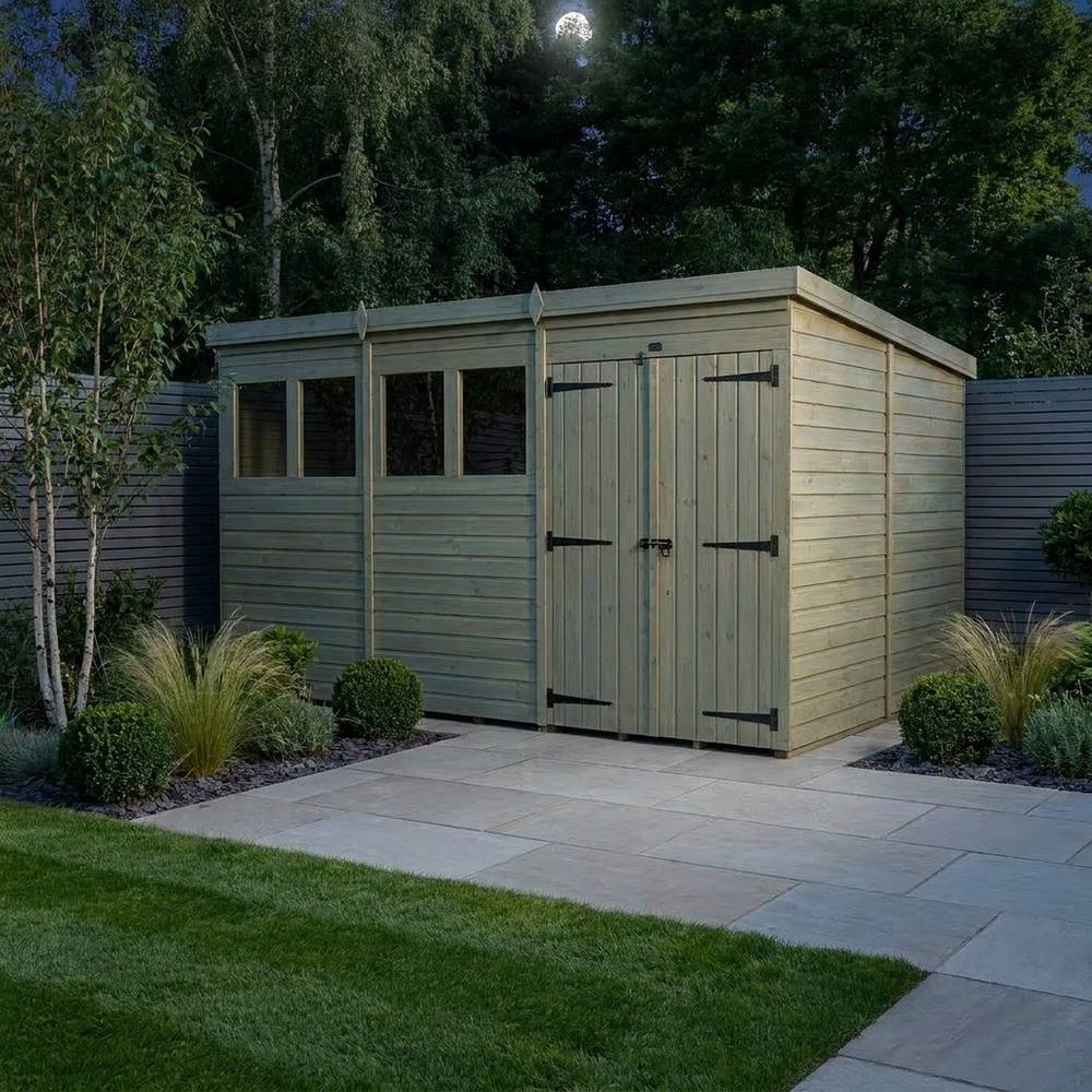 Buttercup Farm 12ft x 9ft Pent Garden Shed Double Door With Windows - Timber in Brown 3