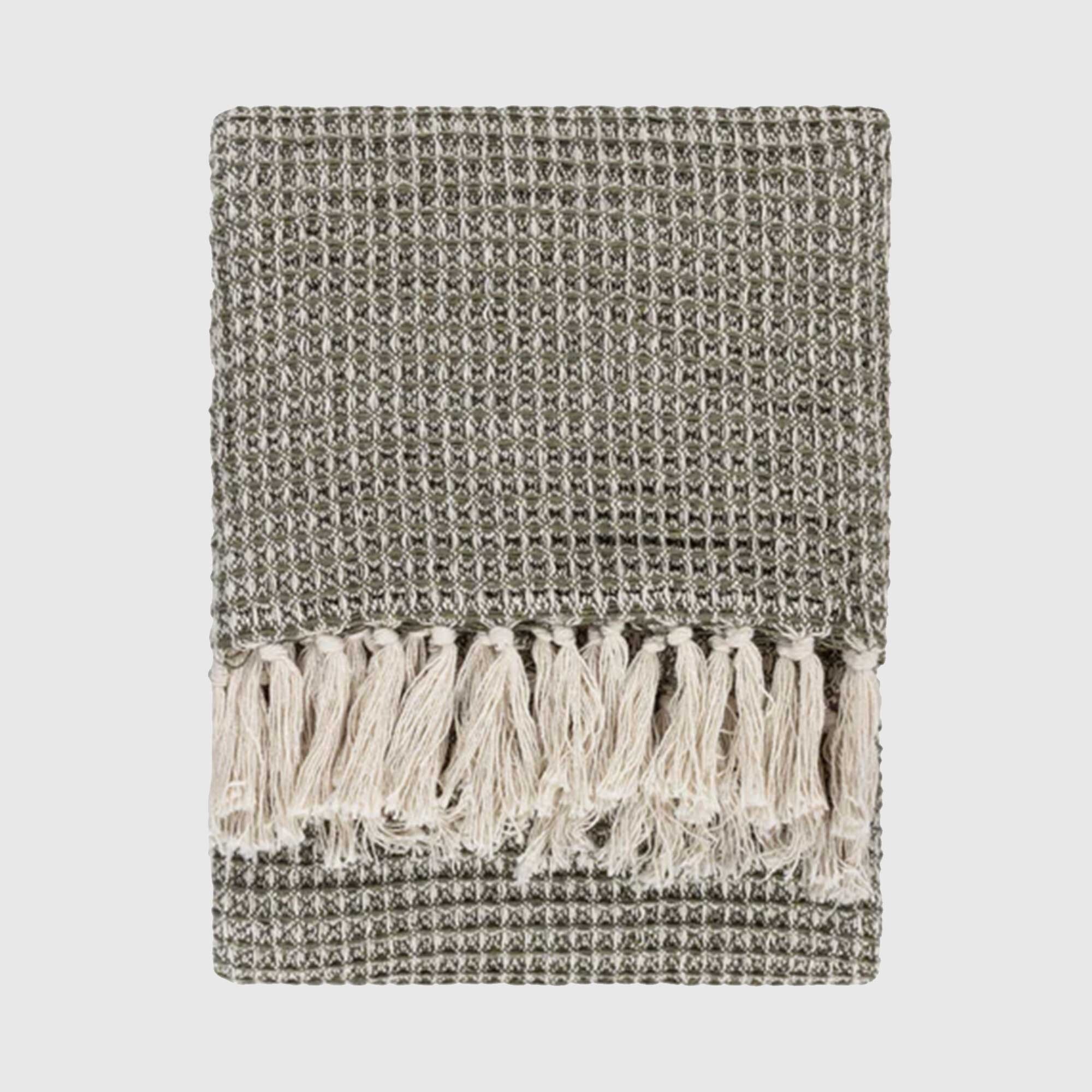 Moss Waffle Fringed Throw Blanket, Green Cotton | Barker & Stonehouse