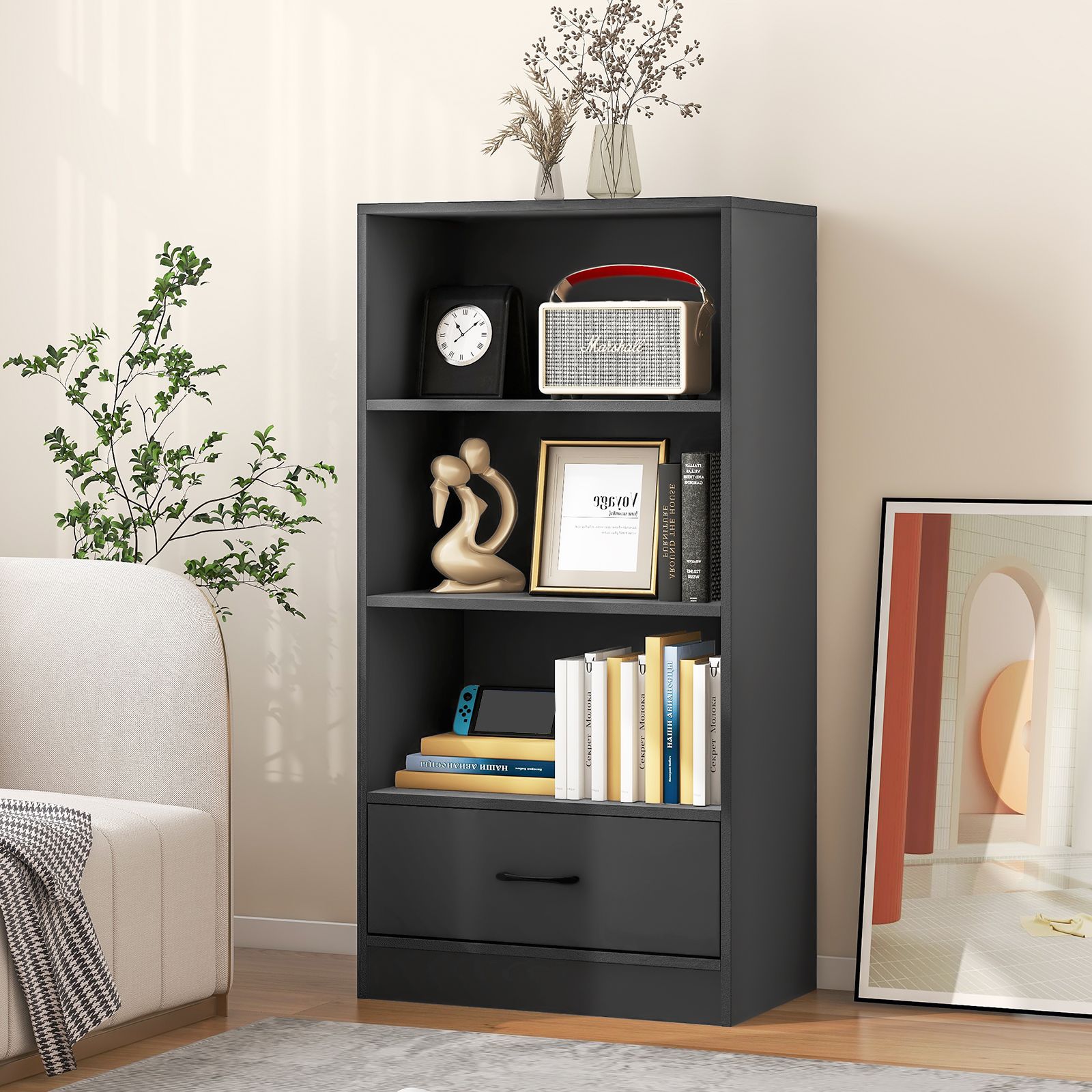 Costway 4 Tiers Storage Shelf Wood Bookcase Floor Standing Display Shelf with Drawer in Grey
