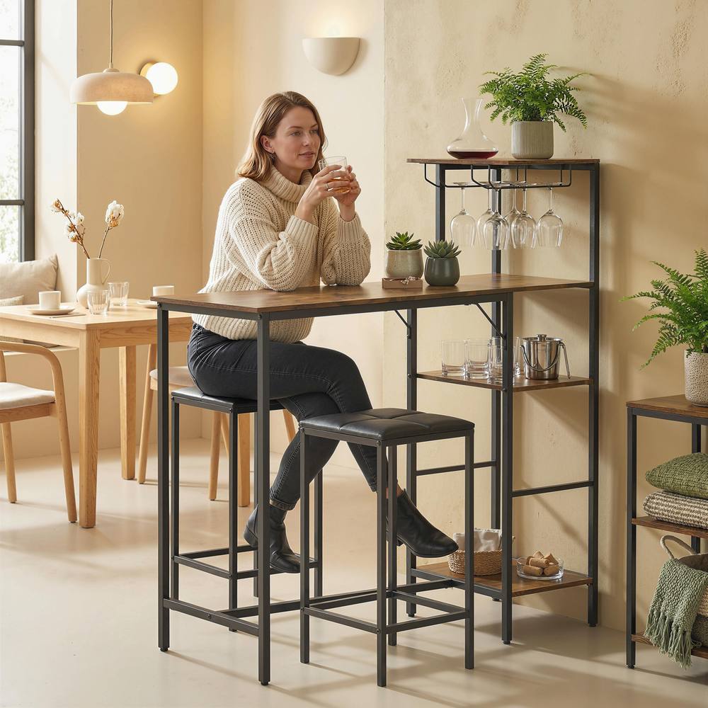 HOMCOM 3Pcs Breakfast Bar Table & Stools Set 4-tier shelving in Brown