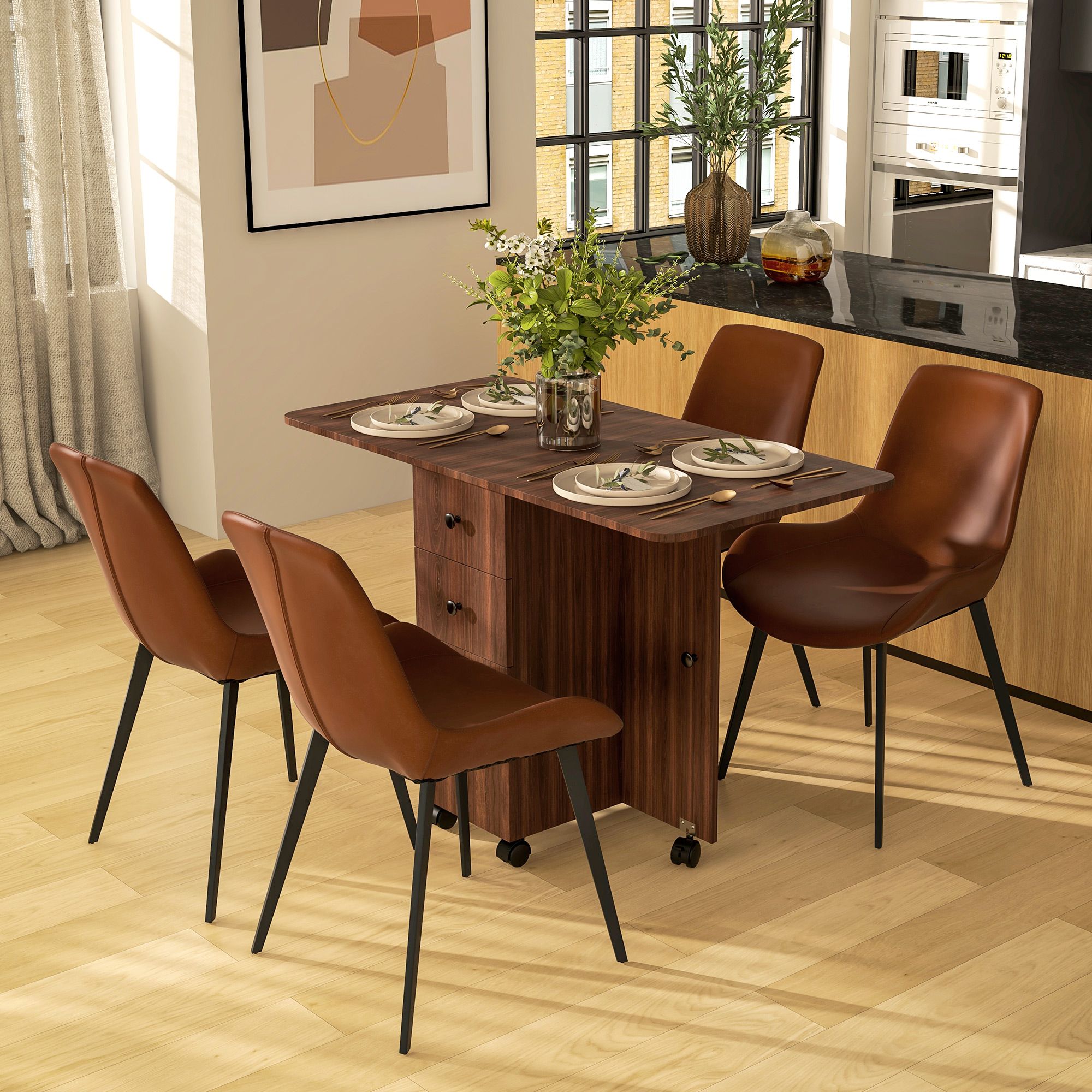 HOMCOM Folding Dining Table for 4-6 Drop Leaf Table on Wheels Brown