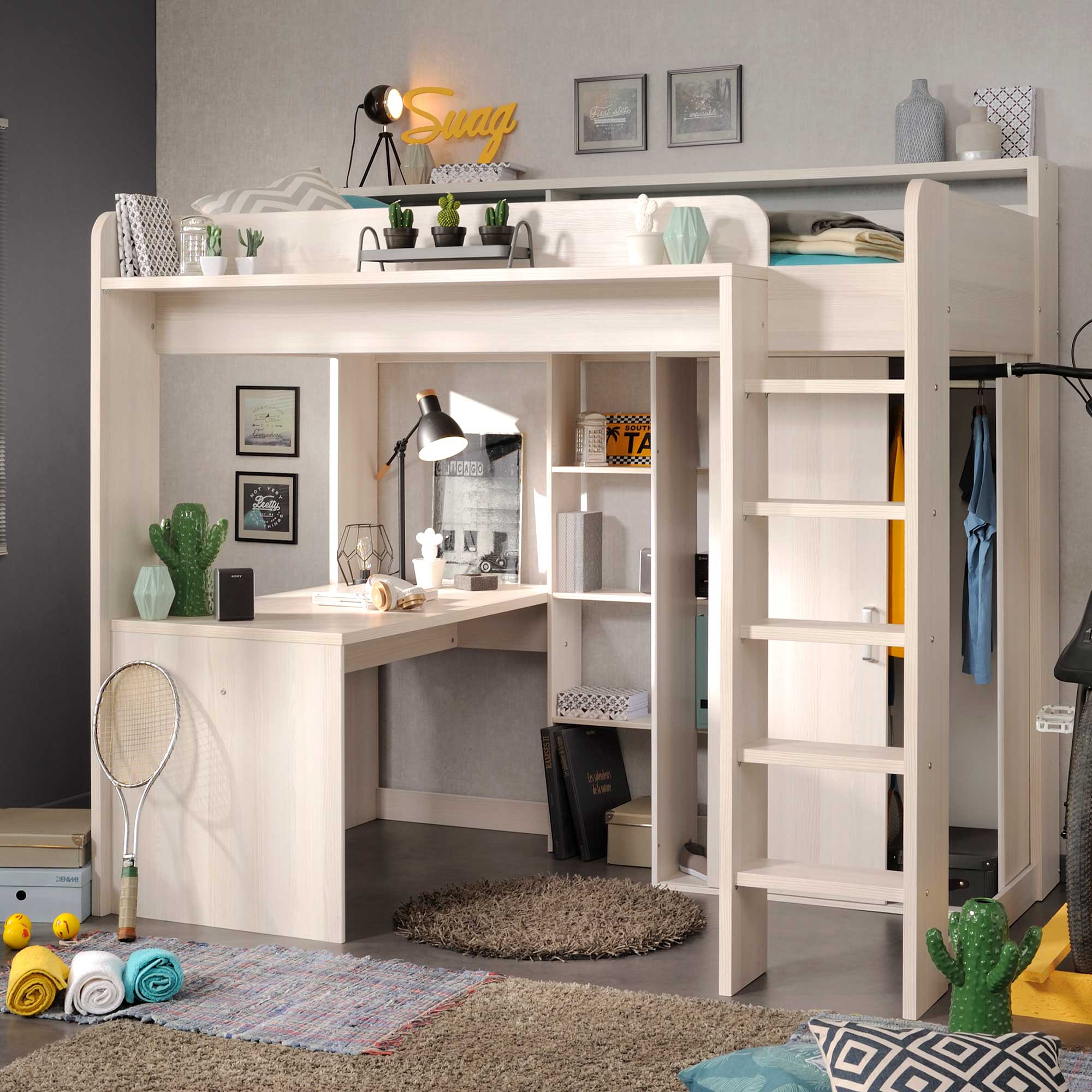 Marley Childrens Highsleeper with Wardrobe, Desk and Bookcase