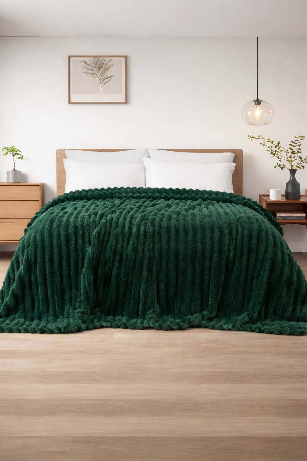 Dyzi Ribbed Jacquard Fleece Bed Blanket Throw 150x200cm Green in Dark Green