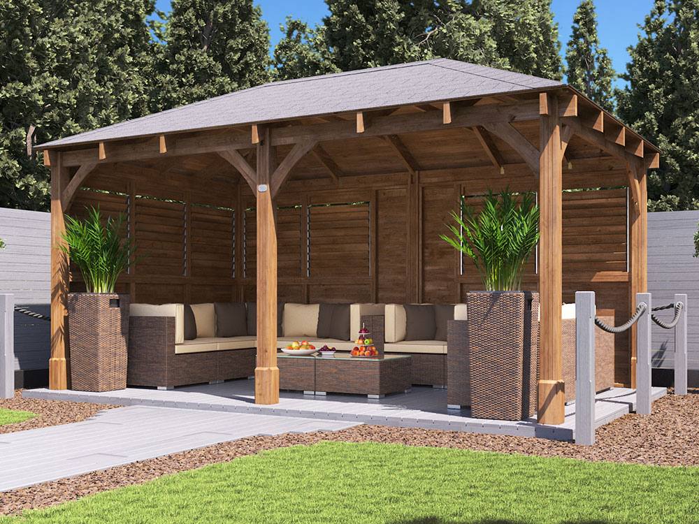 Dunster House Wooden Gazebo Kit with Louvre Wall & Shingles 5m x 3m - Leviathan in Brown