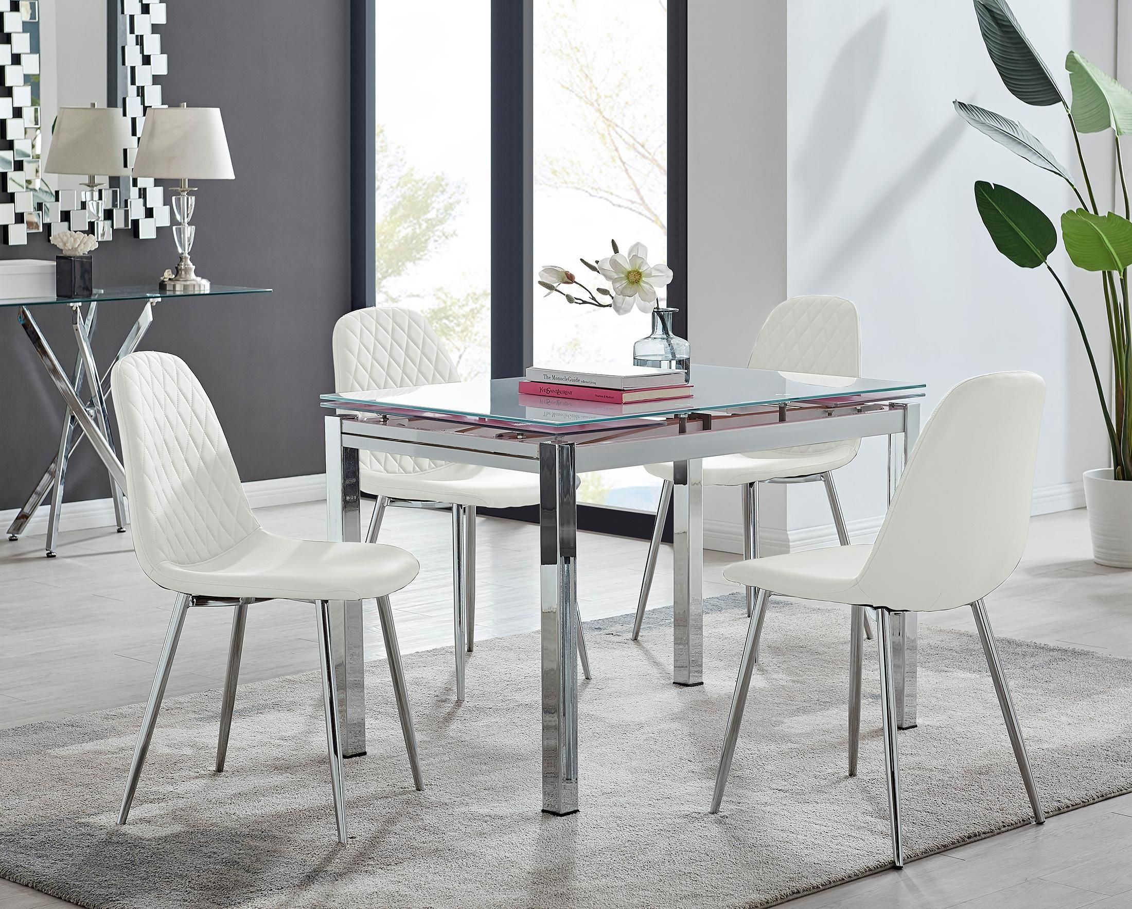 FurnitureboxUK Enna White Glass Extending 4-6 Seater Dining Table & 4 Corona Faux Leather Chairs