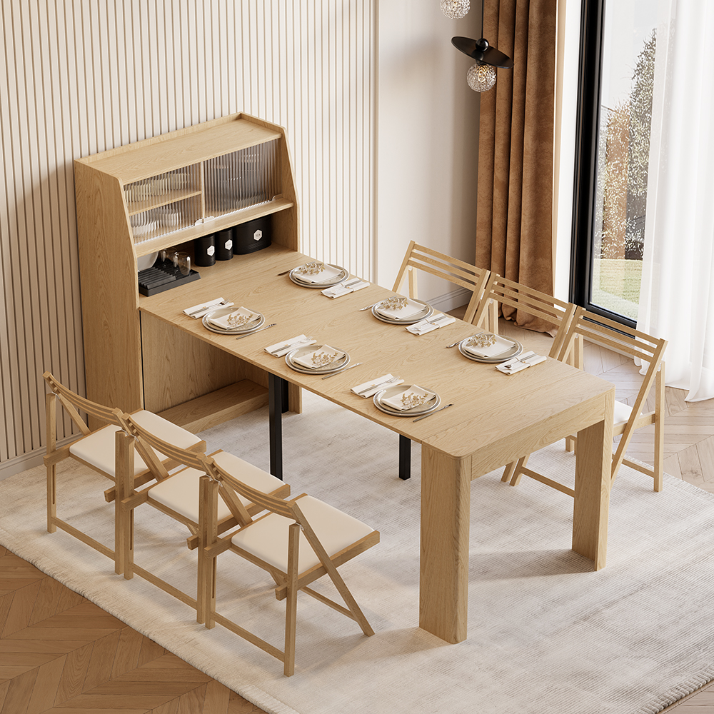 Modern Extendable Dining Table with Storage Rectangle Sideboard Glass Door Natural&Grey