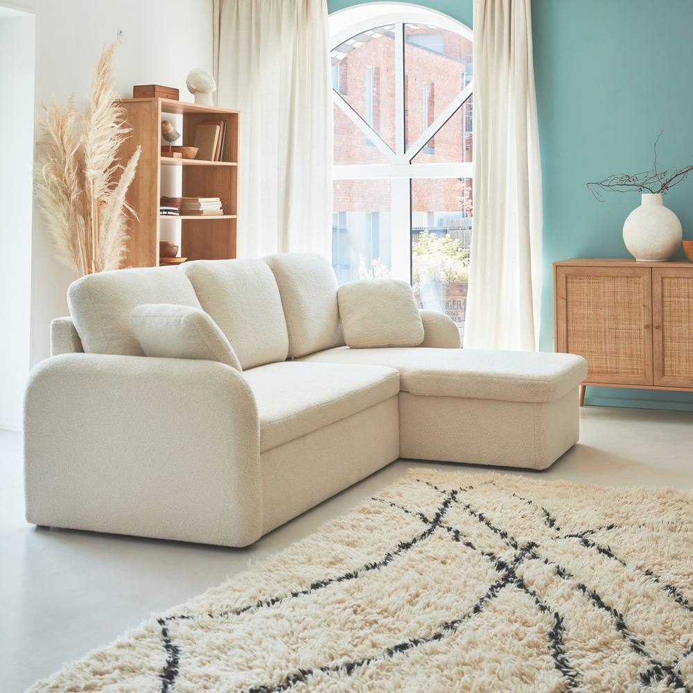 sweeek 3-seater Reversible Corner Sofa Bed In Boucle Fabric in Cream