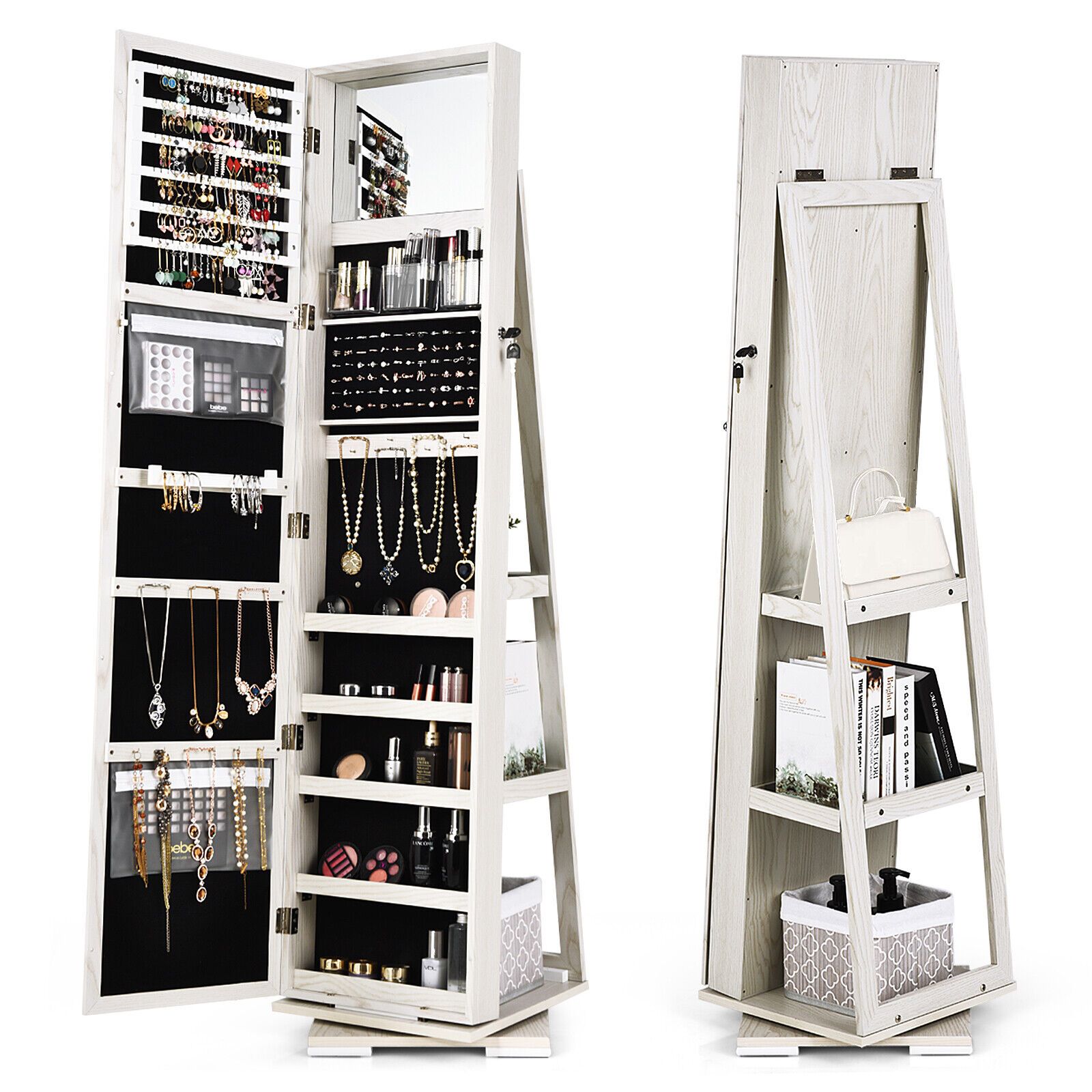 Costway 3-in-1 Rotating Mirrored Jewelry Armoire Freestanding Lockable Large Capacity Jewelry Organizer w/ Makeup Mirror in White
