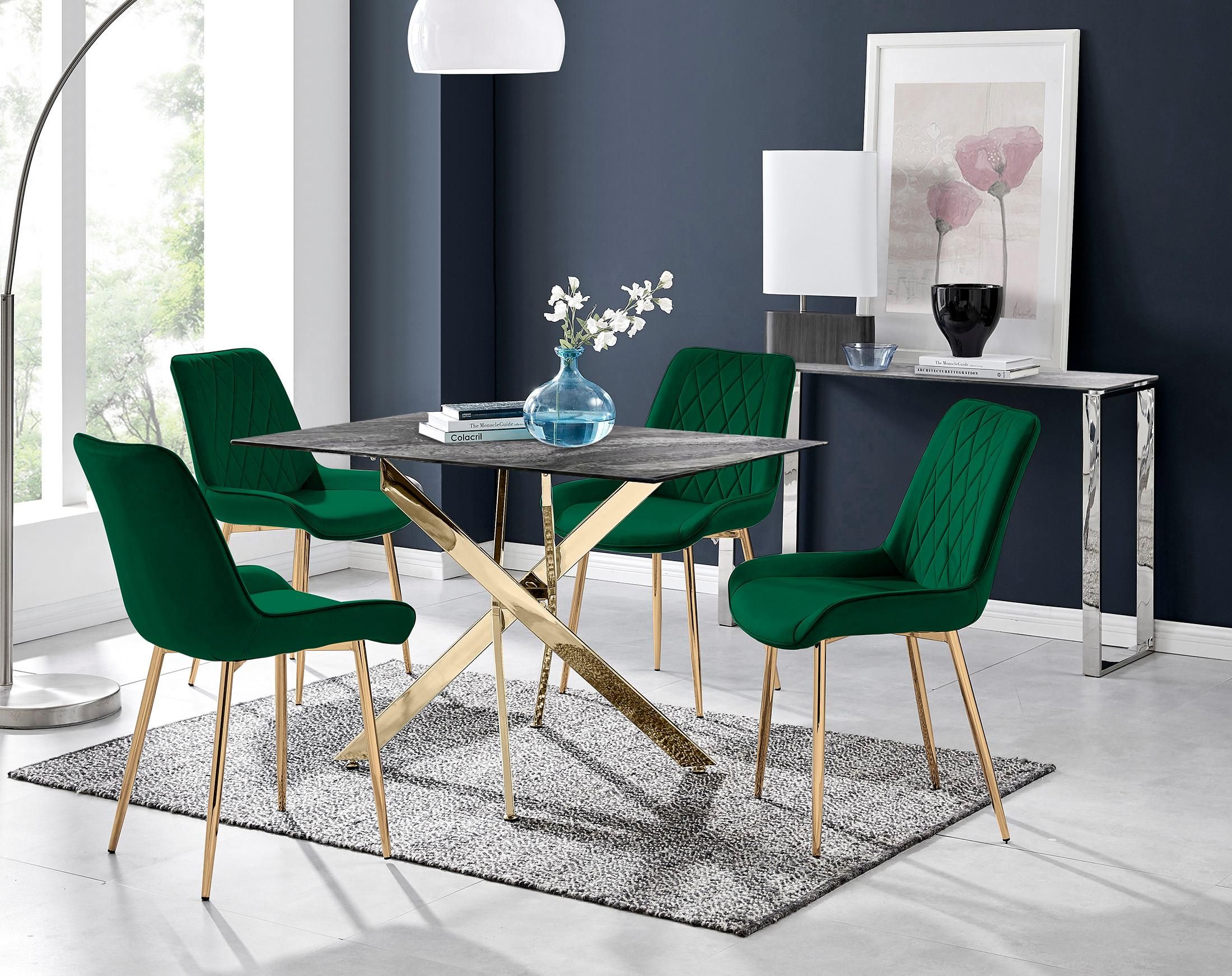 FurnitureboxUK Leonardo Grey Glass Marble Effect Gold Leg Table & 4 Pesaro Gold Leg Chairs in Green