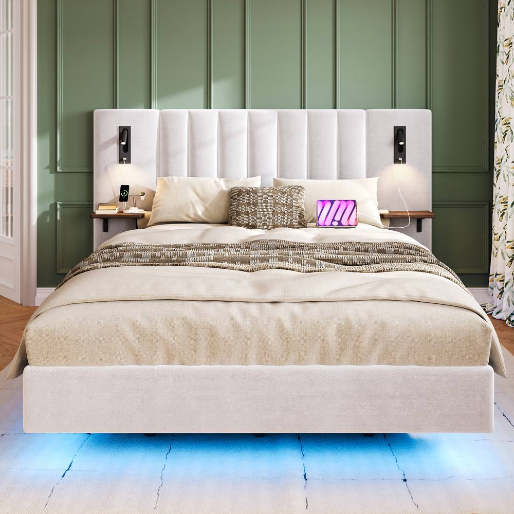 Matteo Upholstered Bed, Adults Teenagers 4ft6 Double Bed, 2 Bedside Lamps in White