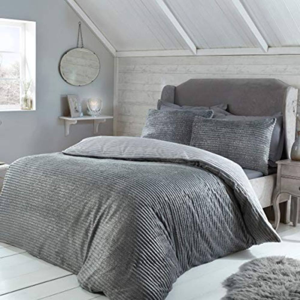 Smart Living Luxurious Reversible Sparkle Ribbed Fleece Duvet Cover & Pillowcases in Grey