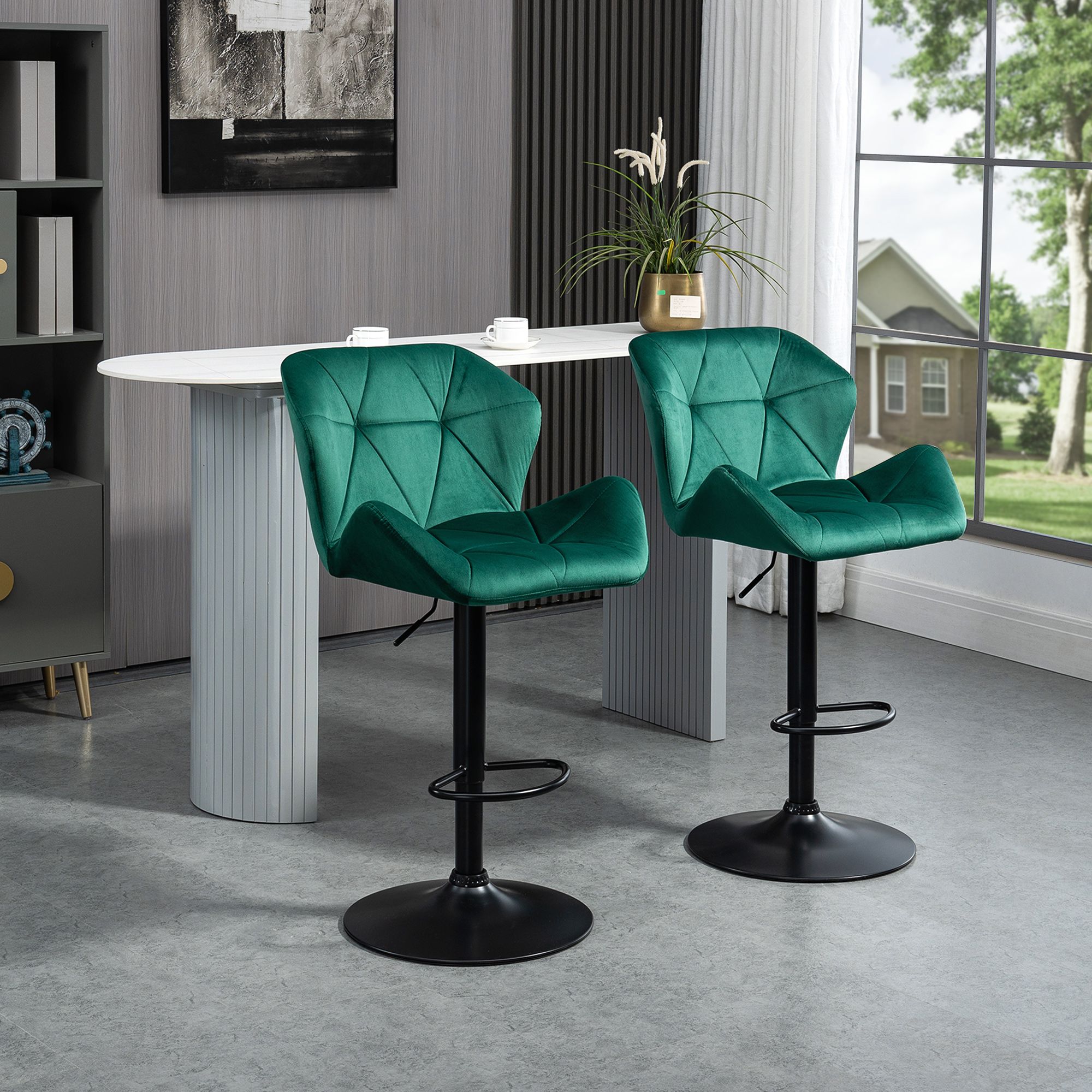 HOMCOM Of 2 Luxurious Velvet-Touch Bar Stools w/ Metal Frame Footrest Base in Green