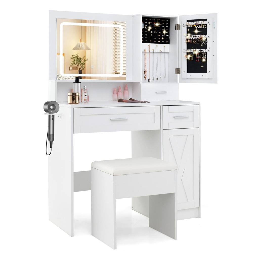Costway Makeup Vanity Desk Farmhouse Dressing Table & Stool Set w/ Drawers in White
