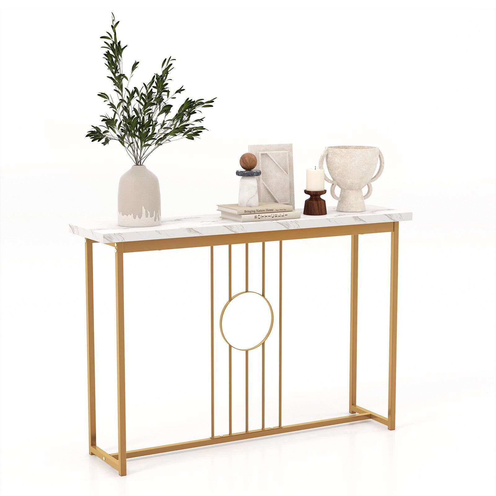 Costway 120cm Narrow Console Table Faux Marble Sofa Side End Table W/ Metal Frame in Gold