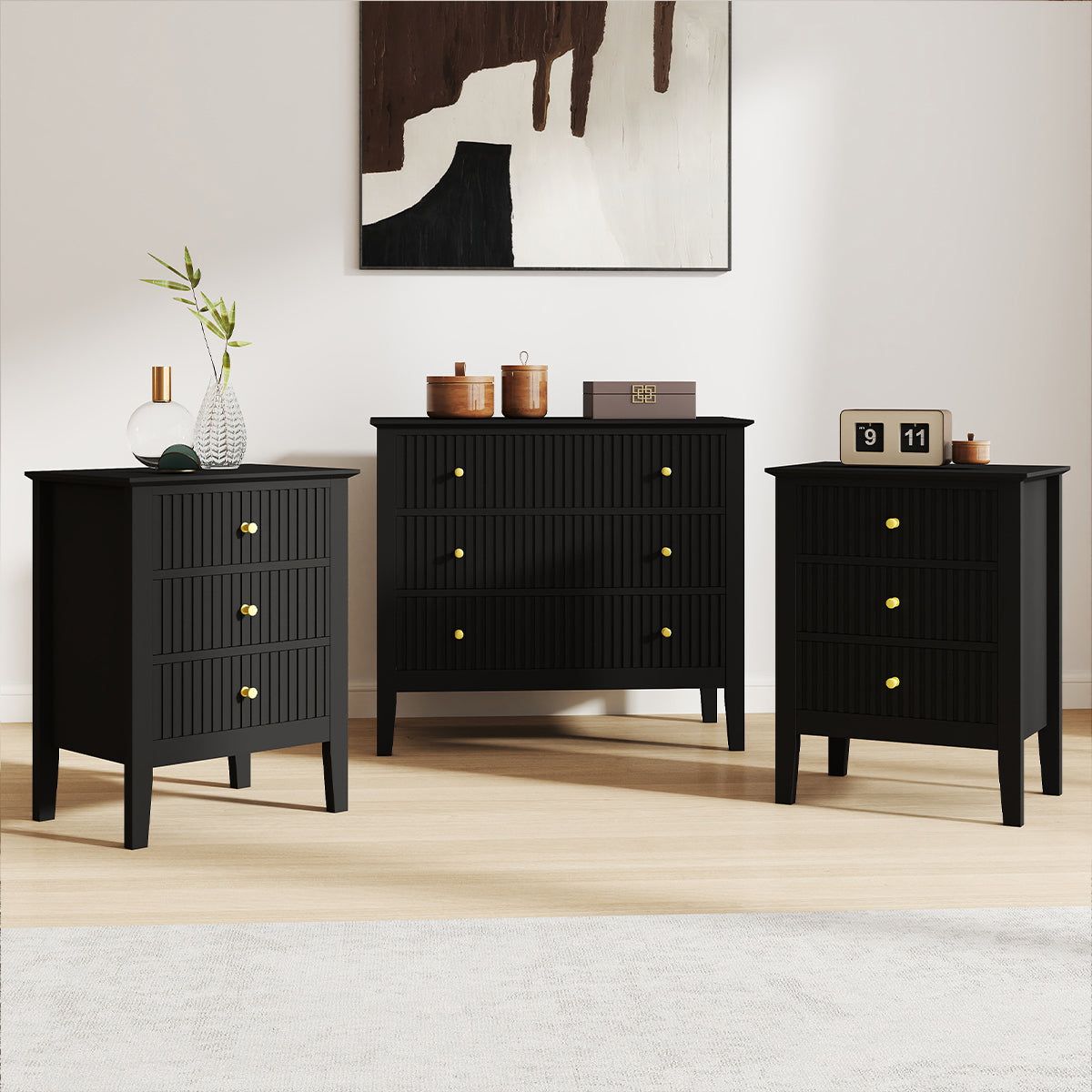 Melody Maison 3 Drawer Chest Of Drawers & Pair Of Bedside Tables - Hales Black Range
