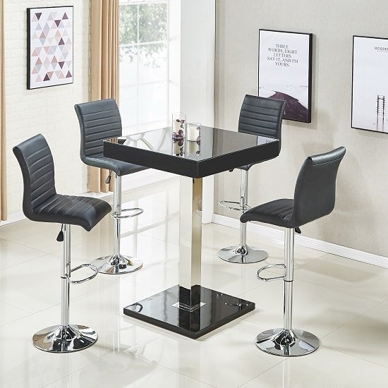 Topaz Bar Table In Black Gloss With 4 Ripple Stools