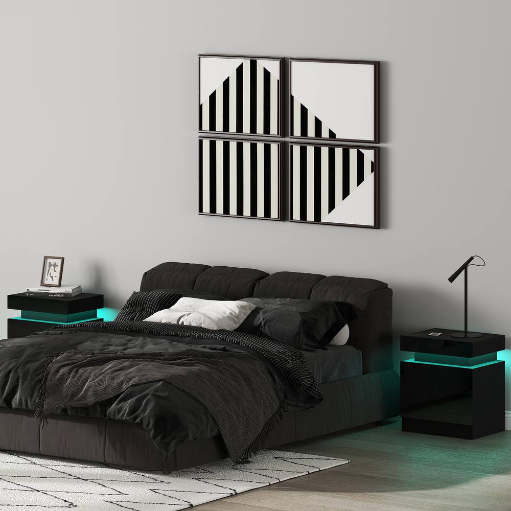 HOMCOM High Gloss Bedside Table Set of 2 with LED Light & 2 Drawers, Black