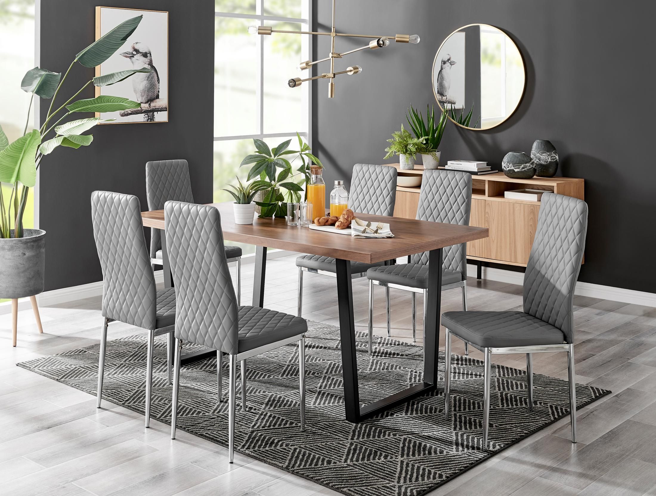 FurnitureboxUK Kylo Large Brown Wood Effect Dining Table & 6 Milan Chrome Leg Faux LeatherChairs in Grey
