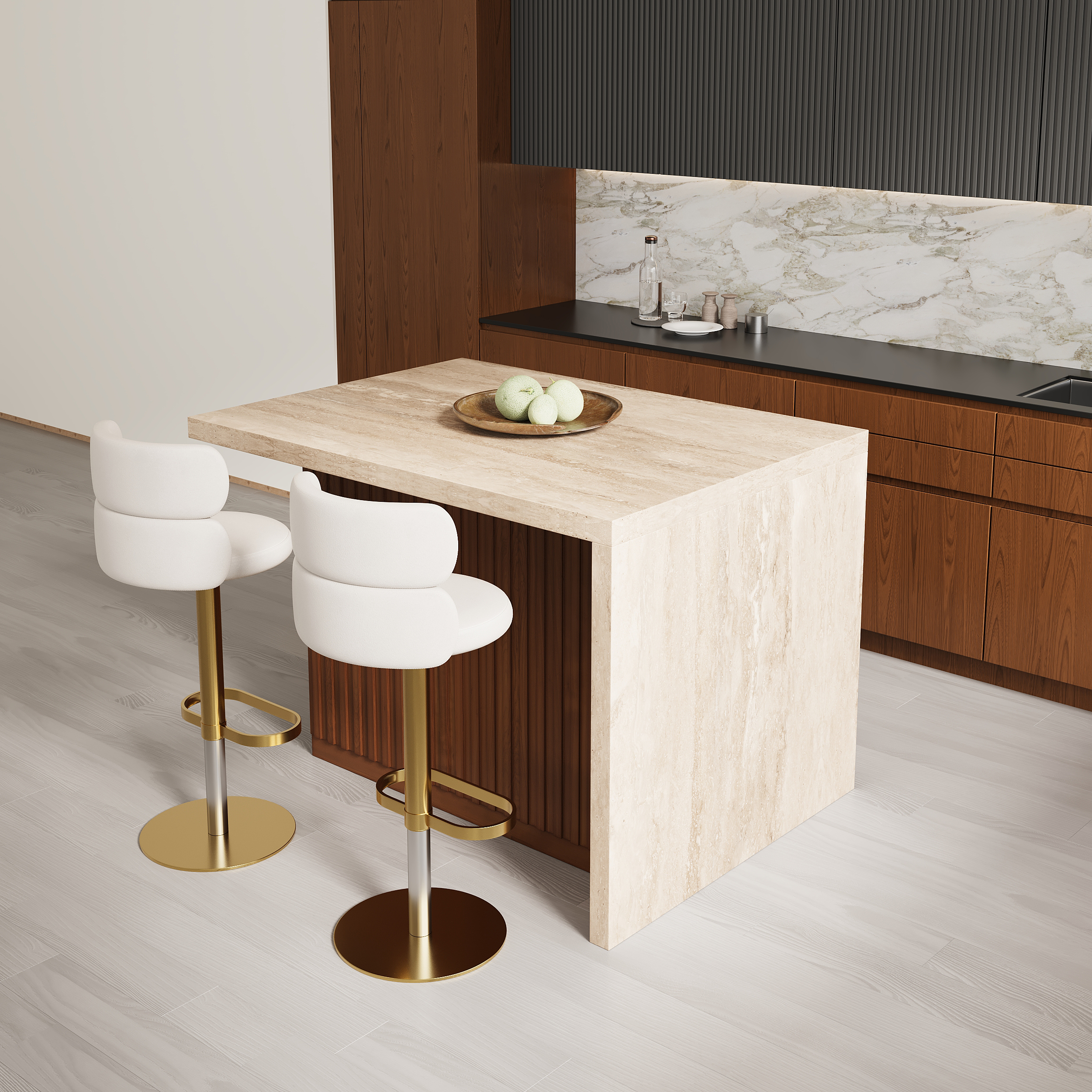1270mm Modern Kitchen Island Walnut Laminate & 2 Counter Stools Set Storage Cabinet