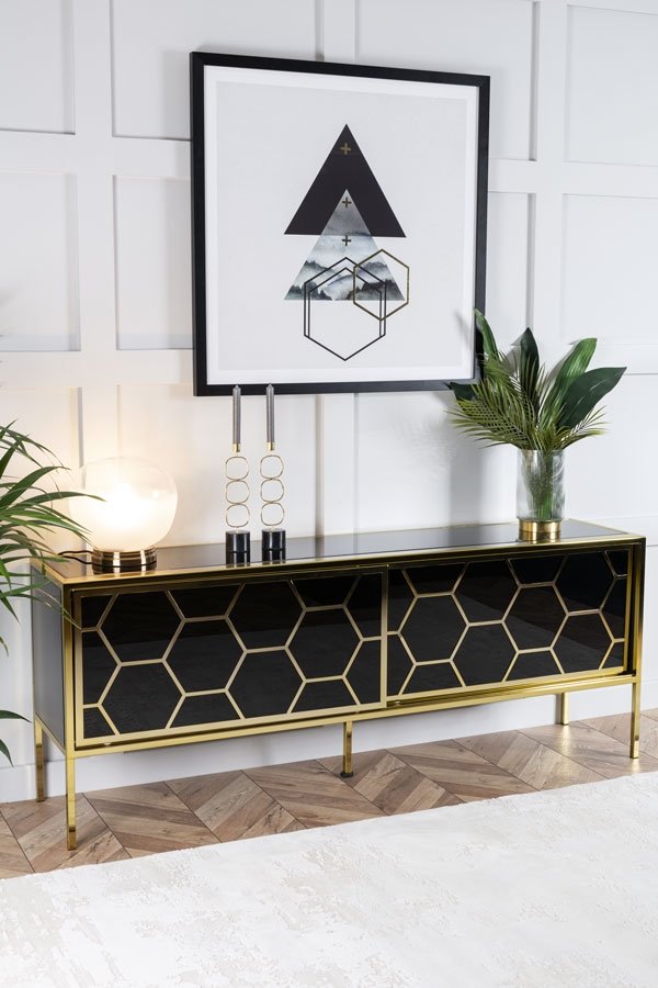 Alveare Brass and Black glass Sideboard