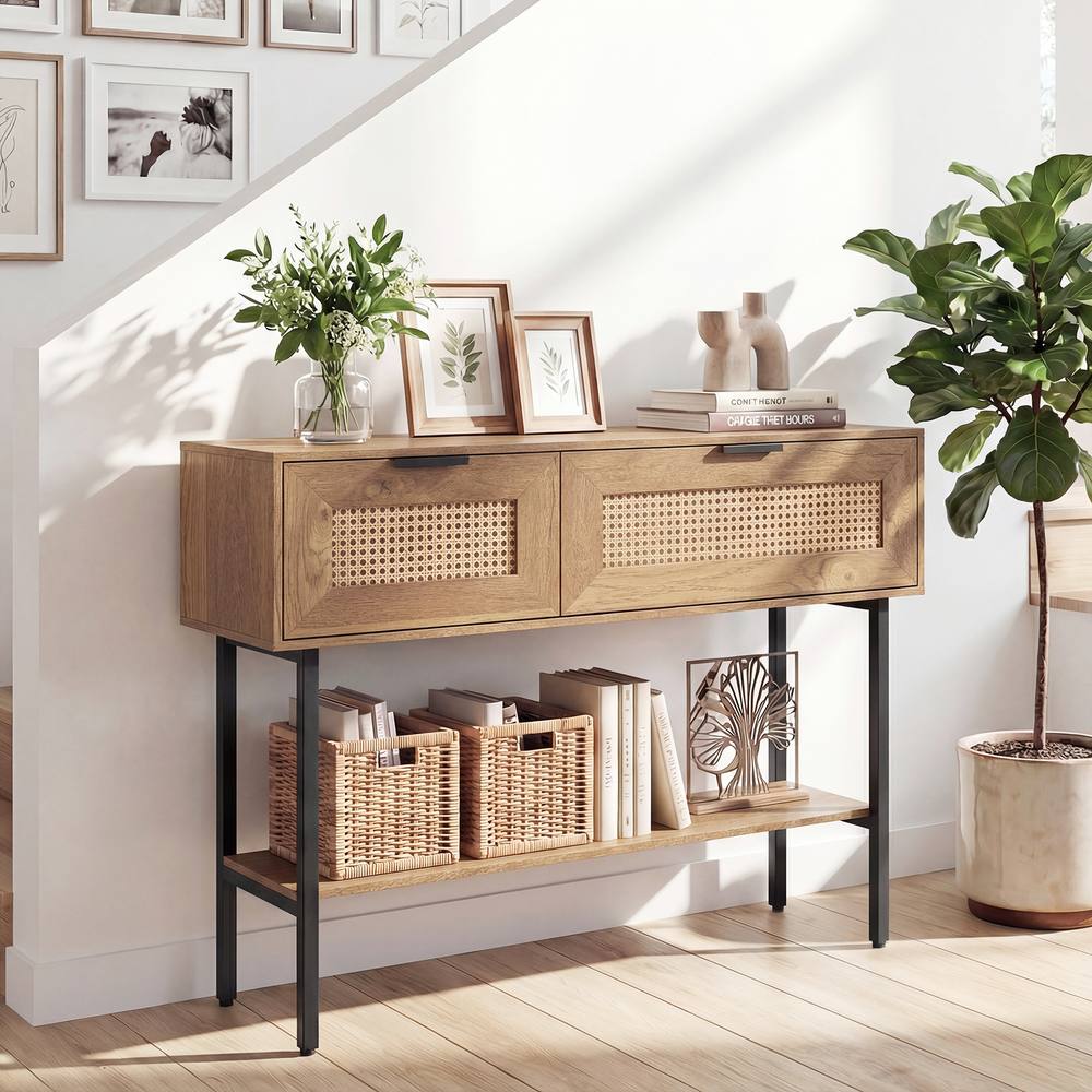 Costway Rattan Console Table Boho Entryway Table w/ Flip Doors & Open Shelf in Natural